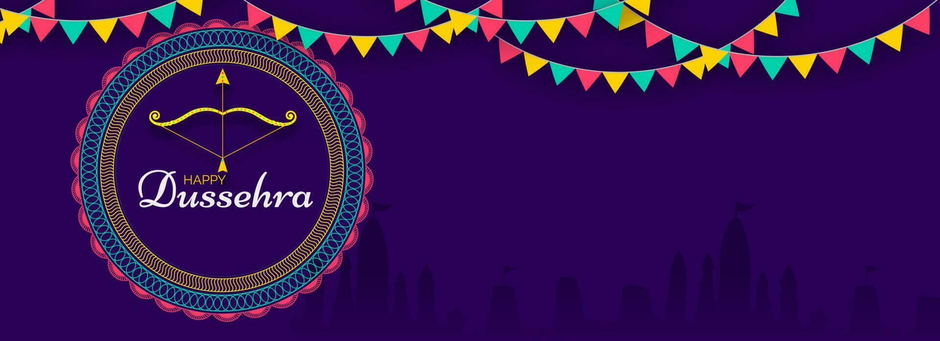 Happy Dussehra Lettering With Archer Bow, Arrow Over Mandala Frame And Bunting Flags On Purple Silhouette Ayodhya View Background. vector