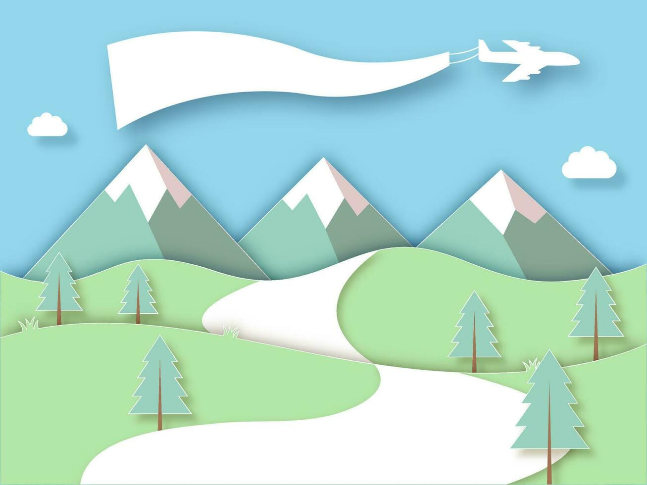 Paper Cut Style Landscape Background With Airplane, Blank Banner, Mountains, Trees And Clouds. vector