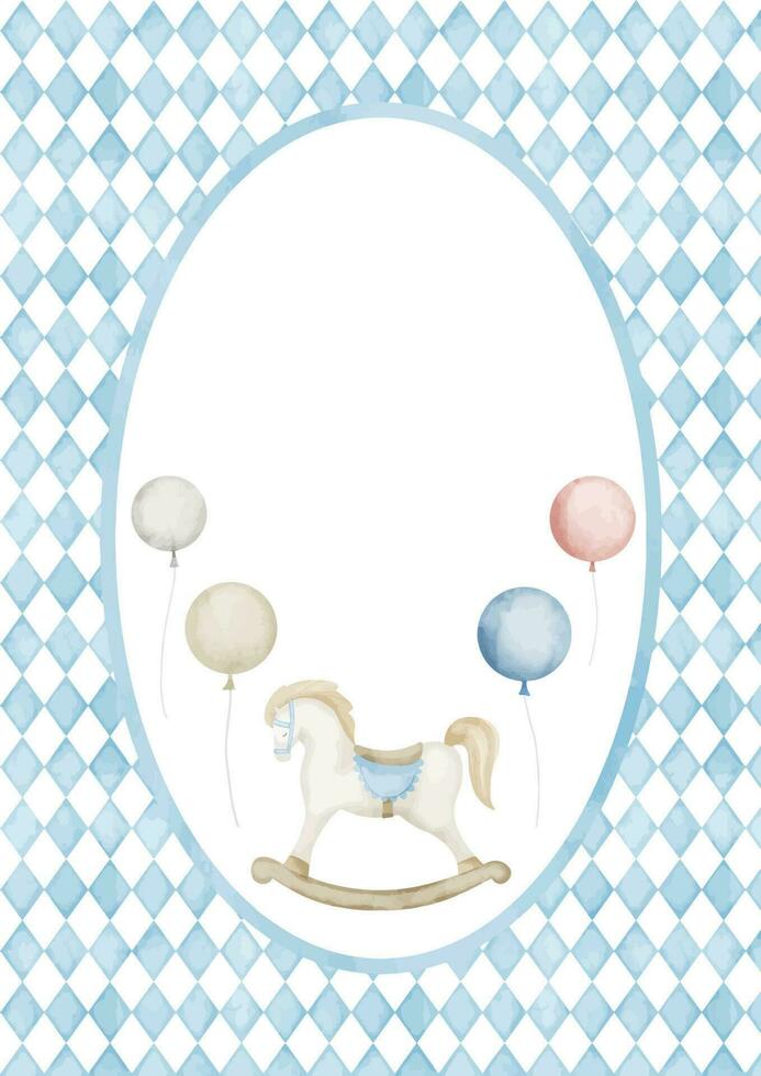 Template for Baby Shower greeting card with rocking horse and balloons in pastel blue and beige colors. Hand drawn vertical watercolor illustration for childish party invitations on white background vector