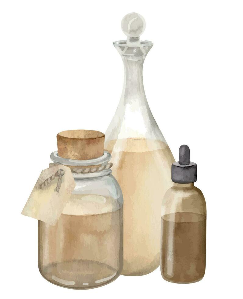 Glass Bottles and decanter with essential oil for aromatherapy and pharmacy. Hand drawn watercolor illustrations of vintage flacons on isolated background. Drawing of natural cosmetic or medicine vector