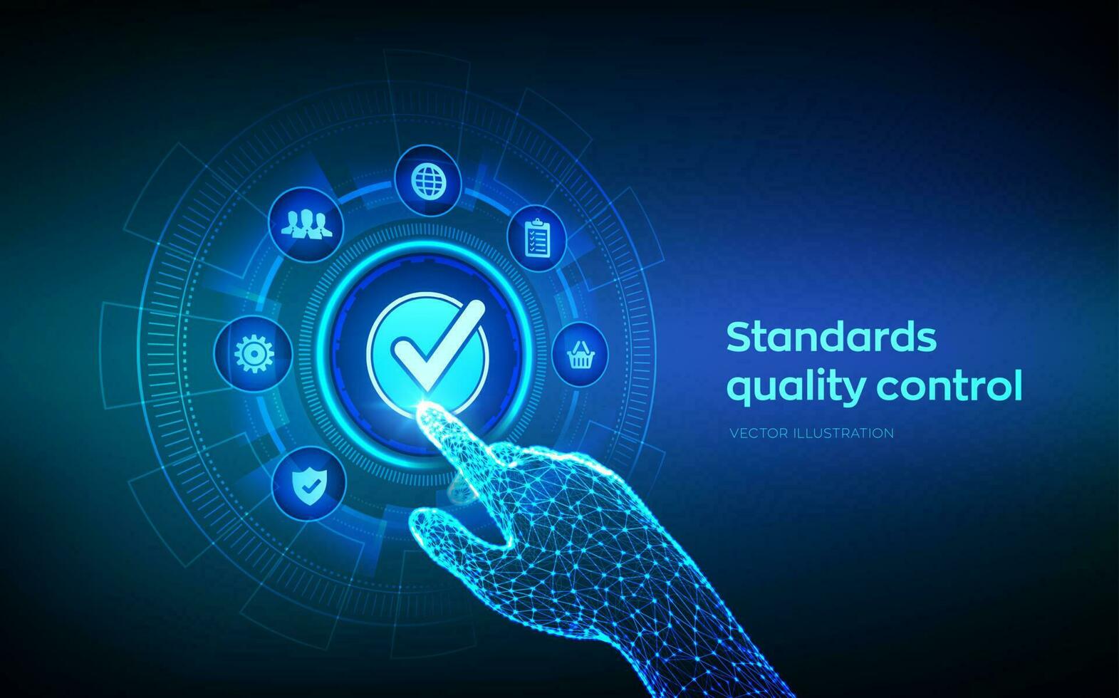concepto de tecnología empresarial de garantía de garantía de control de calidad de normas iso. concepto de servicio de la industria de certificación de estandarización iso. mano robótica tocando la interfaz digital. ilustración vectorial. vector