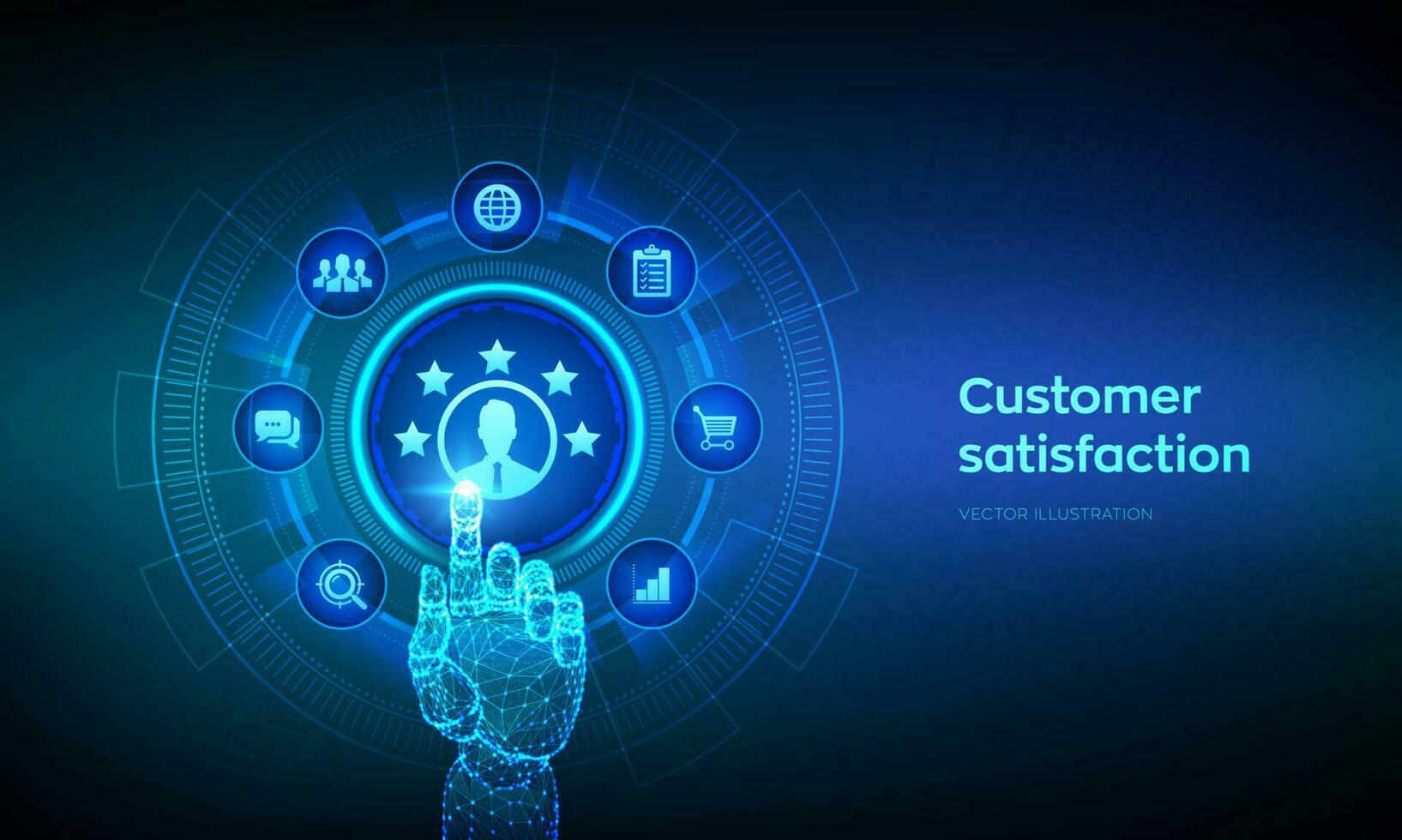 Customer satisfaction. Customer survey and feedback analytics. Using AI and automation technology in marketing for customer service. Robotic hand touching digital interface. Vector illustration.