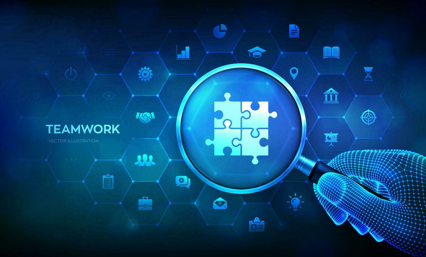 Teamwork. Business Partnership. Puzzle Team elements icon. Global cooperation communication network. Business technology concept with magnifier in wireframe hand and icons. Vector illustration.