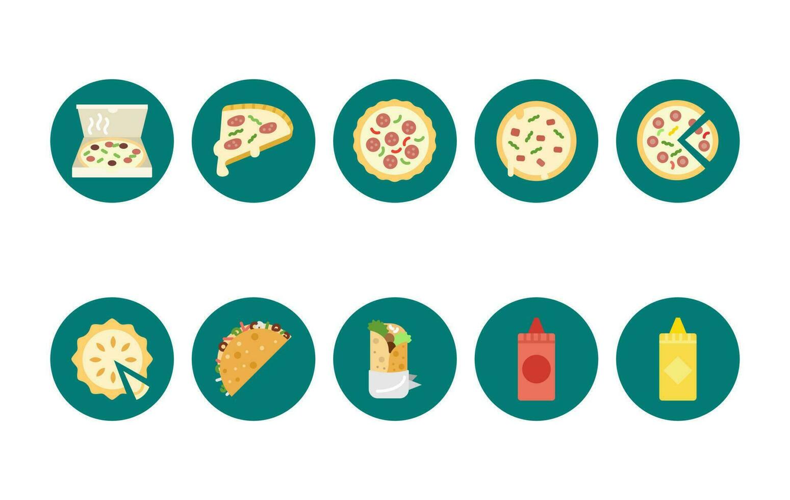 Pizza plano iconos, Pizza pasteles iconos, salsa de tomate y mostaza iconos, vector eps archivo