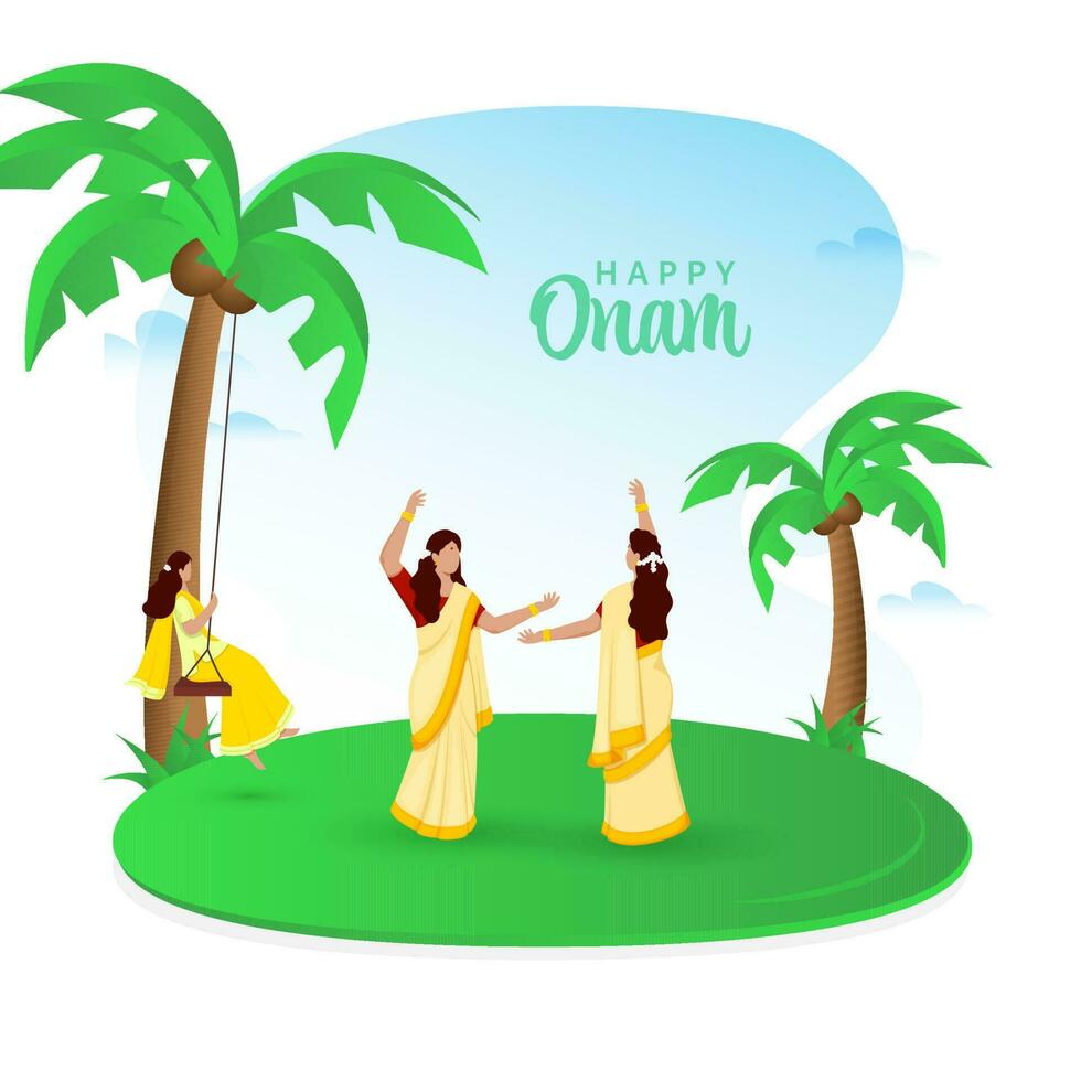 Happy Onam Celebration Concept With Faceless South Indian Women, Coconut Trees On White Background. vector