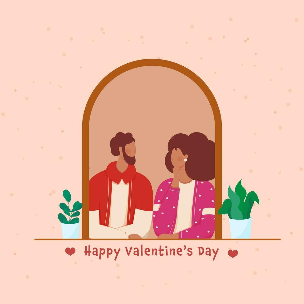 Happy Valentine's Day Poster Design With Faceless Romantic Couple Looking Each Other And Plant Pots On Peach Background. vector
