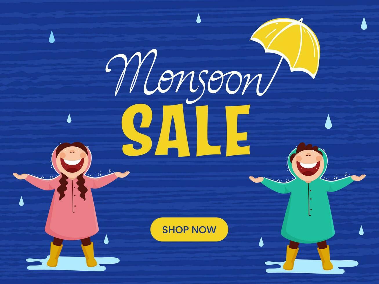 Monsoon Sale Poster Design With Umbrella And Cheerful Kids Enjoying Rain On Blue Stripe Texture Background. vector
