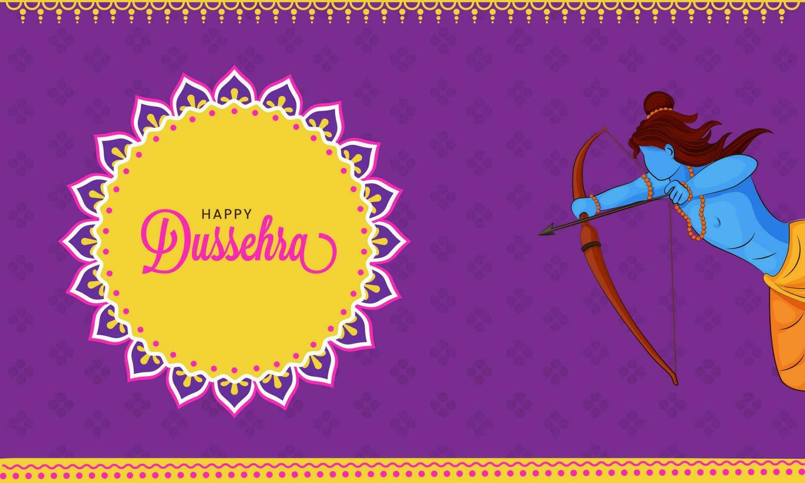 Happy Dussehra Festival Banner Design With Hindu Mythology Lord Rama Taking An Aim On Yellow And Purple Background. vector