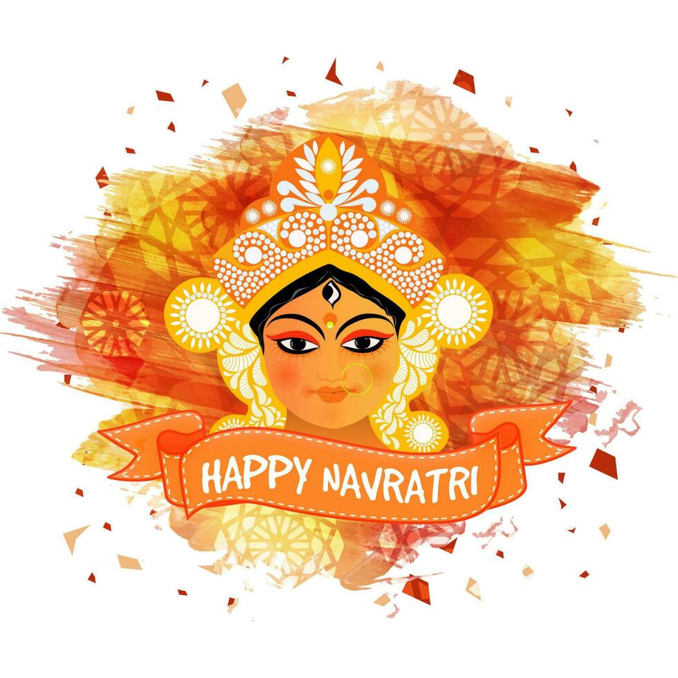 contento navratri celebracion póster diseño con diosa Durga maa cara y cepillo carrera efecto en blanco antecedentes. vector