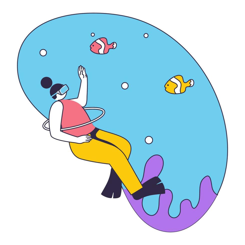 Cartoon Swimmer Woman Watching To Imaginary Fishes In Underwater Through VR Glasses On Blue And White Background. vector