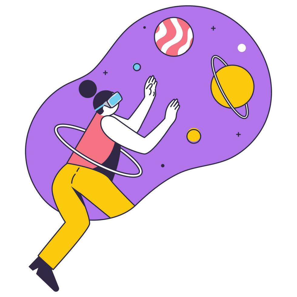 Cartoon Woman Watching To Imaginary Universe Through VR Glasses On Purple And White Background. vector