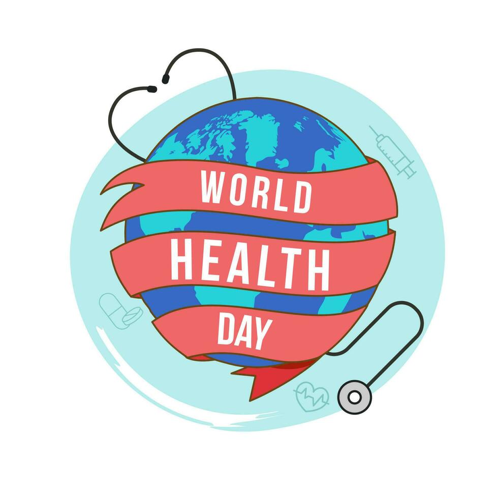 mundo salud día texto cinta con tierra globo, estetoscopio en azul y blanco antecedentes. vector