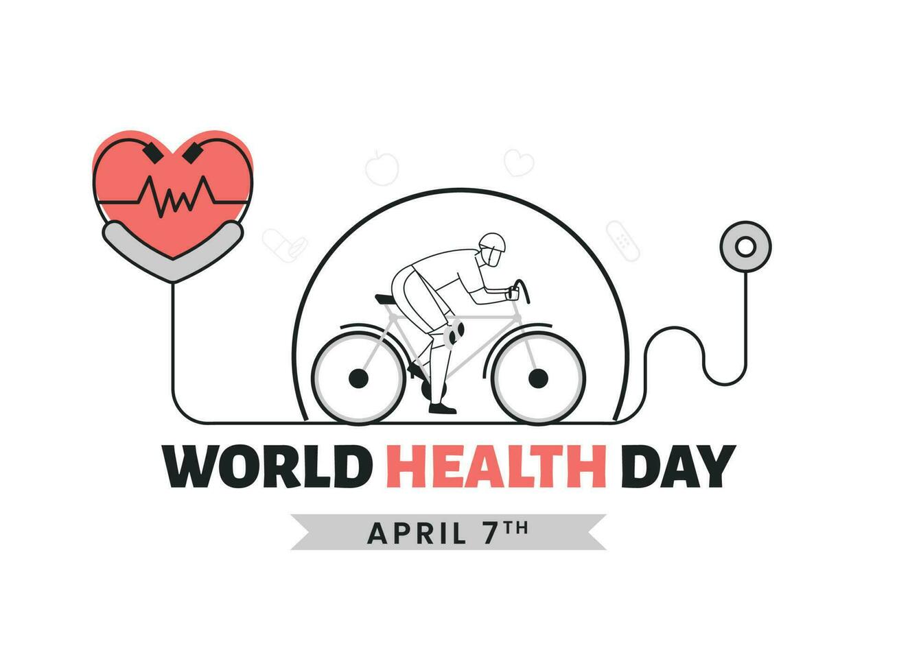 7mo abril, mundo salud día concepto con garabatear estilo hombre ciclismo y latido del corazón chequeo por estetoscopio en blanco antecedentes. vector