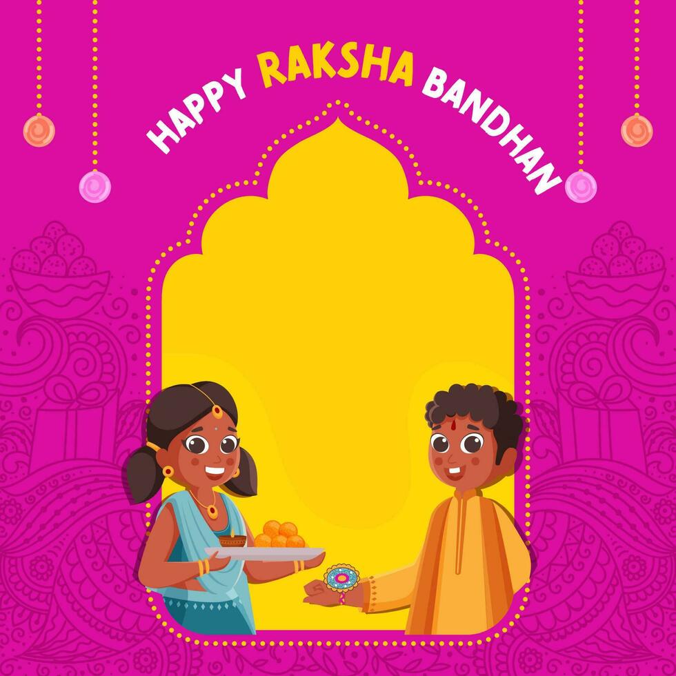 Happy Raksha Bandhan Greeting Card With Indian Kids Celebrating Festival Of Rakhi On Yellow And Pink Paisley Pattern Background. vector