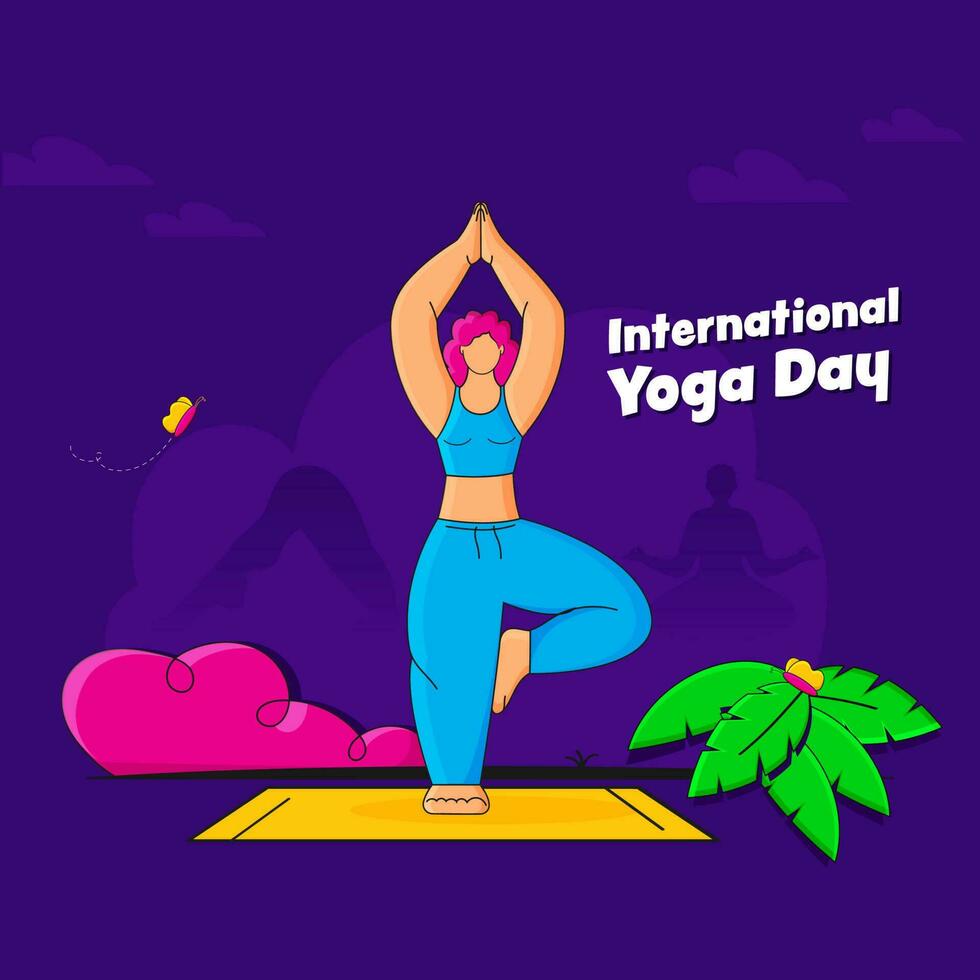 International Yoga Day Concept With Faceless Young Lady Practicing Vrikshasana Pose On Purple Background. vector