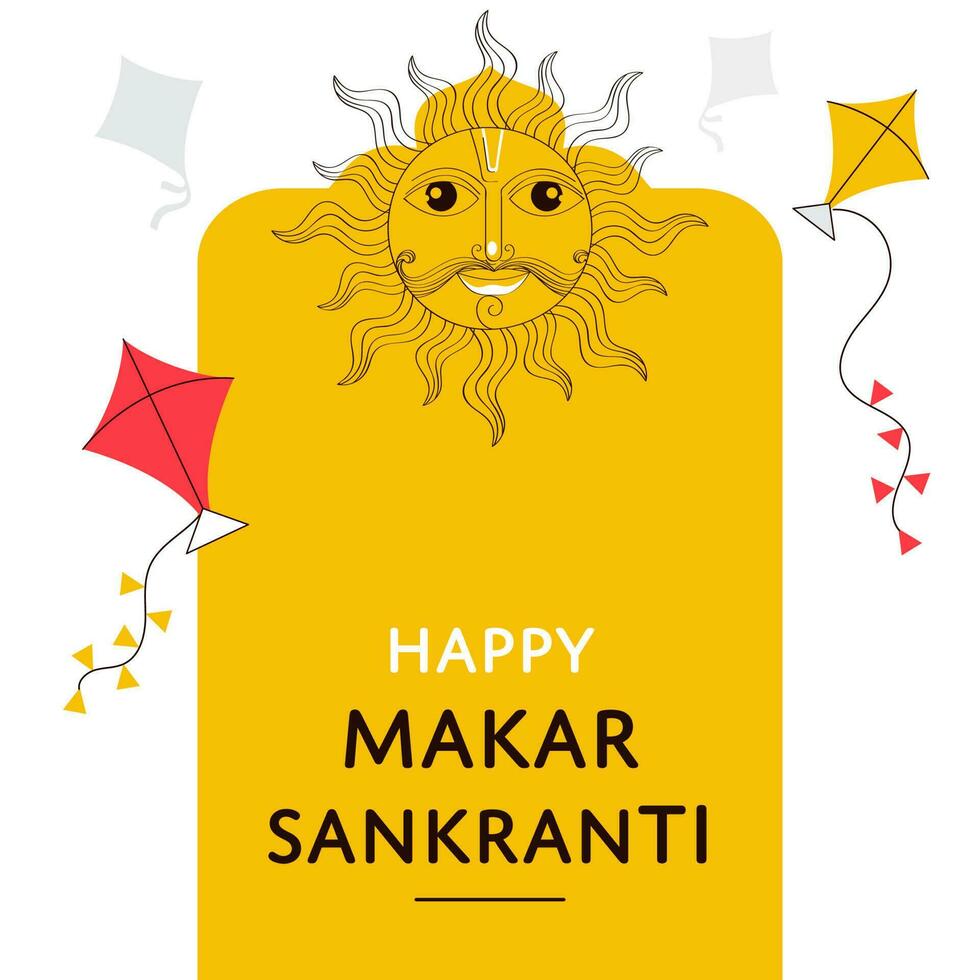 contento makar sankranti concepto con garabatear estilo surya cara personaje, volador cometas en amarillo y blanco antecedentes. vector