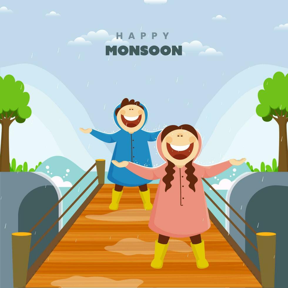 Hello Monsoon Background With Cheerful Young Girl And Boy Enjoying Rainfall At Bridge. vector