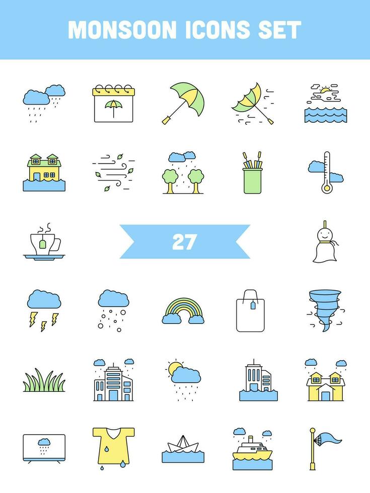 Colorful Monsoon Icon Set In Flat Style. vector