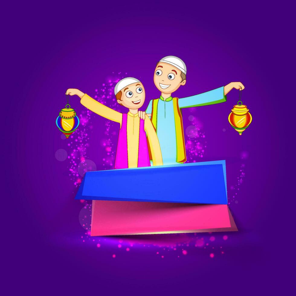 Islamic Young Boys Holding Traditional Lamps And Space For Text Your Message On Purple Background For Islamic Festival Concept. vector