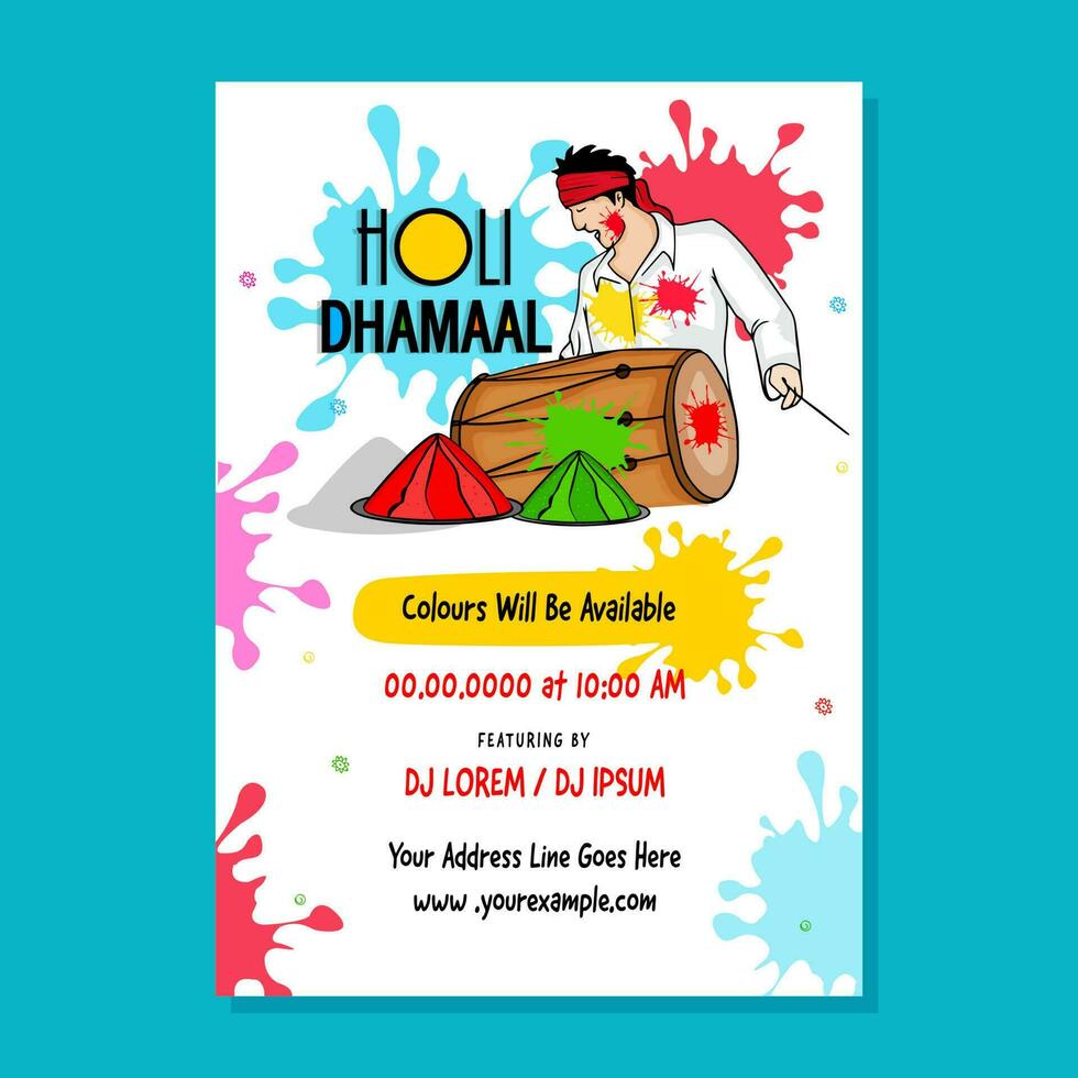 Indian festival of colours, Happy Holi Invitation or Poster Design with an Indian Man on Traditional Drum and Colour Splash with Placeholder for Venue and Other Details. vector