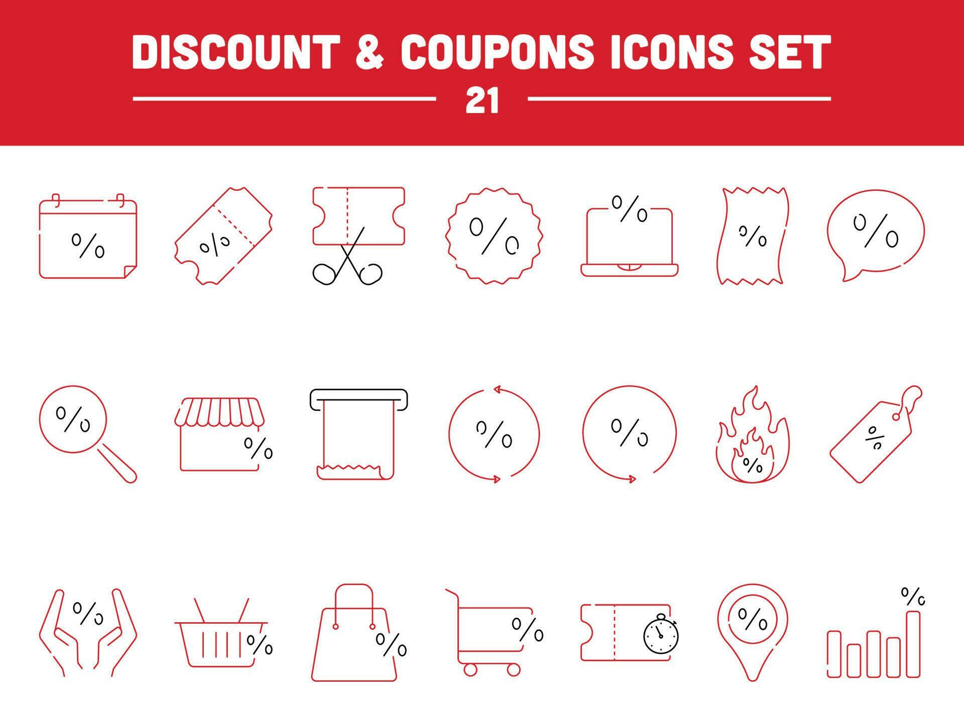 Red And Black Line Art Discount Offer For Sale Or Shopping Icon Set