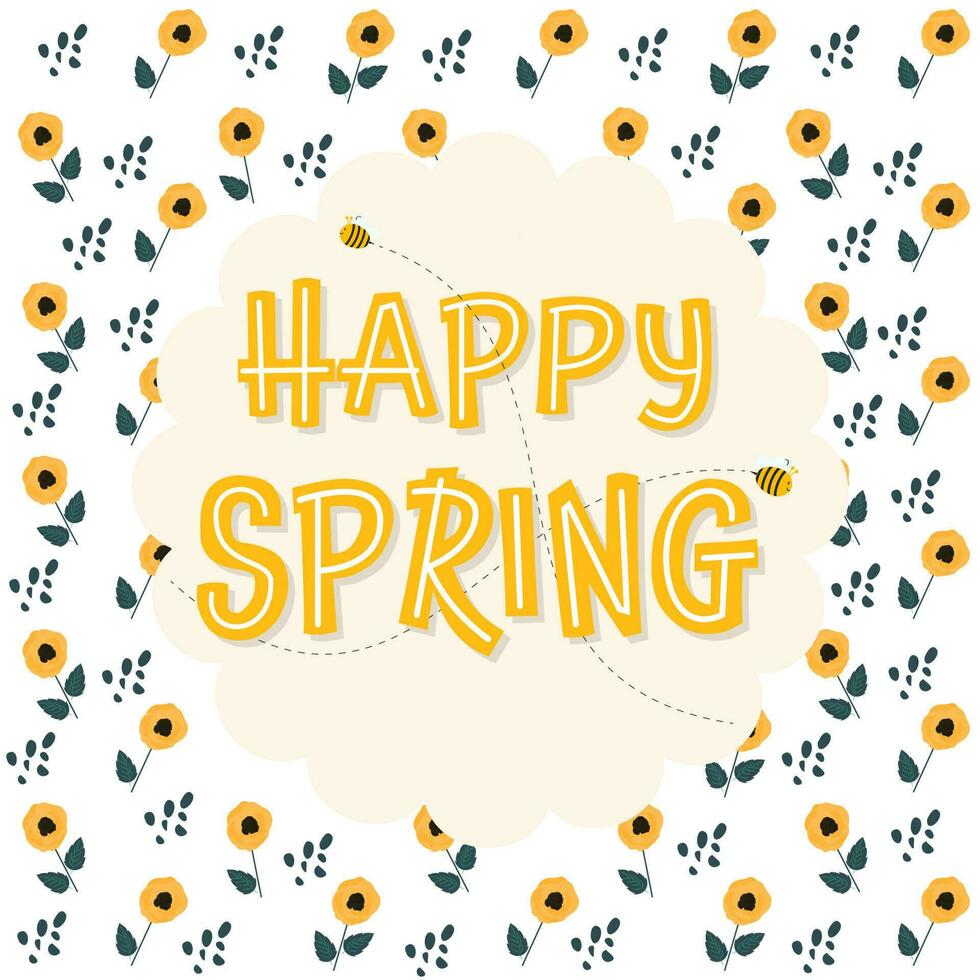 Happy Spring Text On Floral Pattern Background. vector