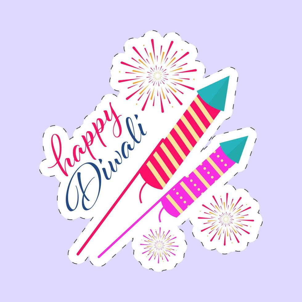 Happy Diwali Font With Firecracker Rockets And Fireworks In Sticker Style On Pastel Violet Background. vector