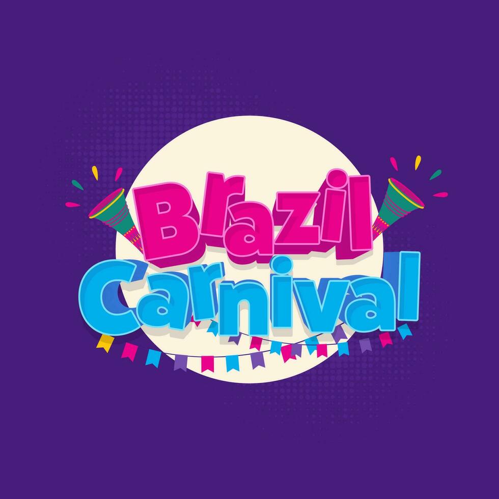 3D Brazil Carnival Font With Vuvuzela, Bunting Flags Decorated On White And Purple Halftone Effect Background. vector