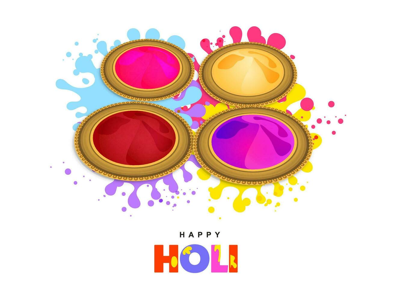 Happy Holi Celebration Concept With Four Powder Color In Plates And Paint Splash Effect On White Background. vector