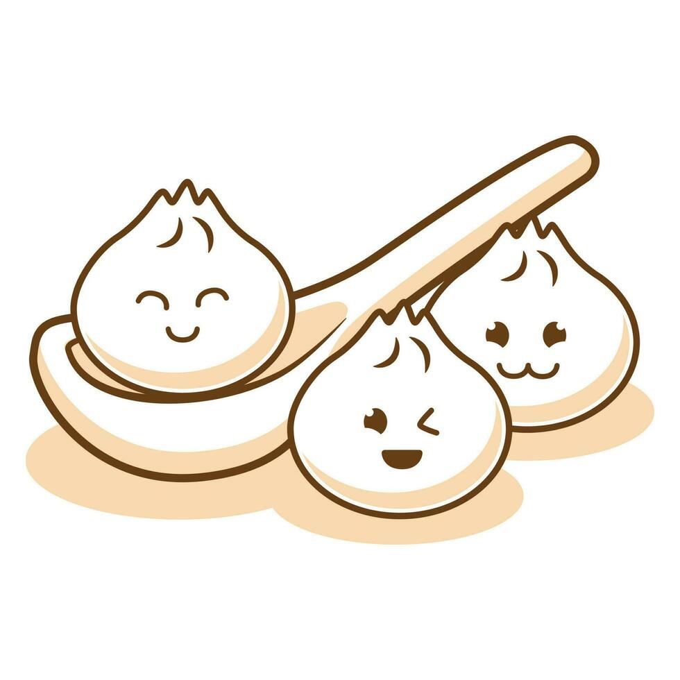 Dim sum Dumpling cute cartoon character with various smile expression face in top of spoon  vector flat art Illustration free editable