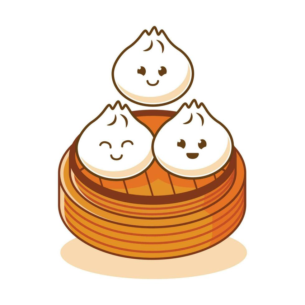 Dim sum Dumpling cute cartoon character with various smile expression face in top of bamboo container  vector flat art Illustration free editable