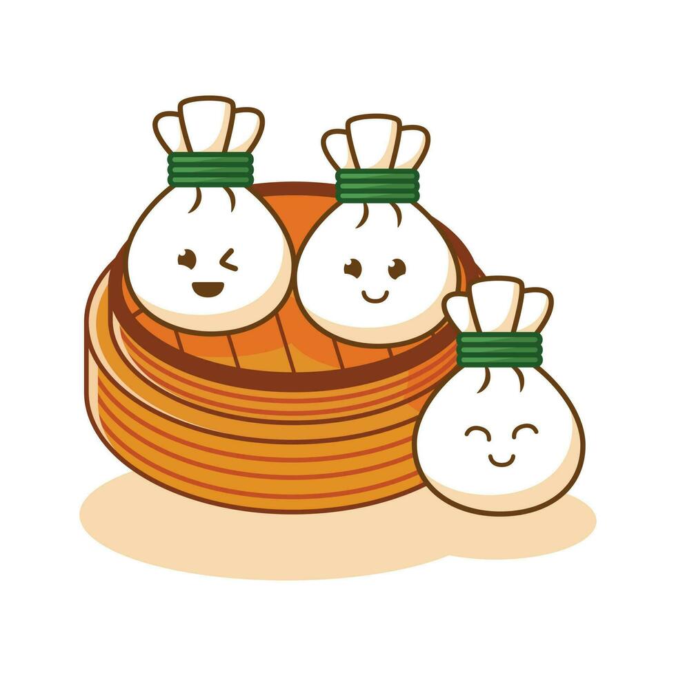 Dim sum Dumpling cute cartoon character with various smile expression face in top of Bamboo container vector flat art Illustration free editable