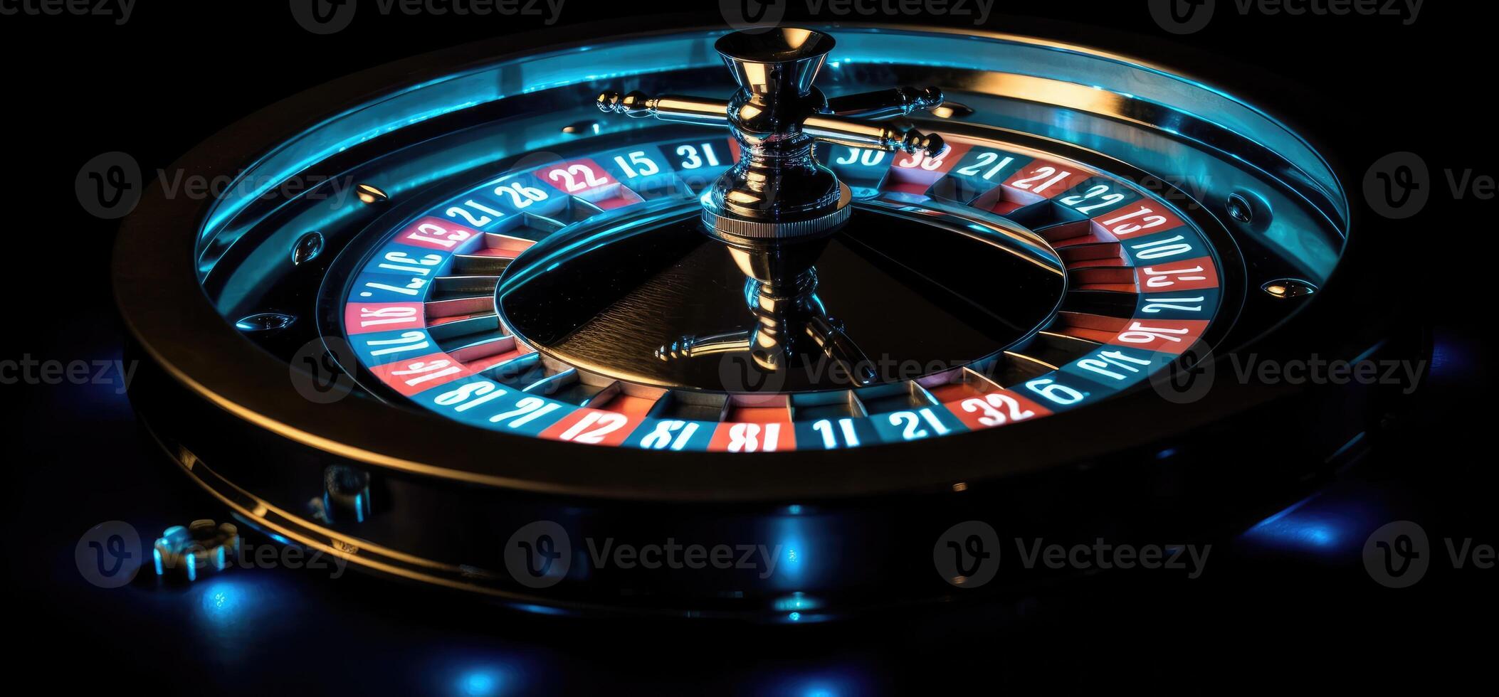 Roulette wheel with blue background and lights, casino photo. photo