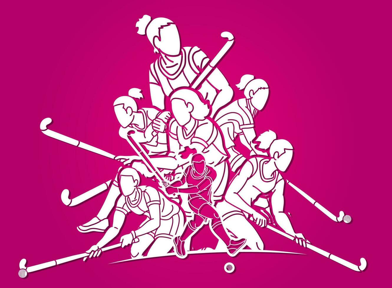 Group of Field Hockey Sport Team Mix Action Female Players Graffiti vector