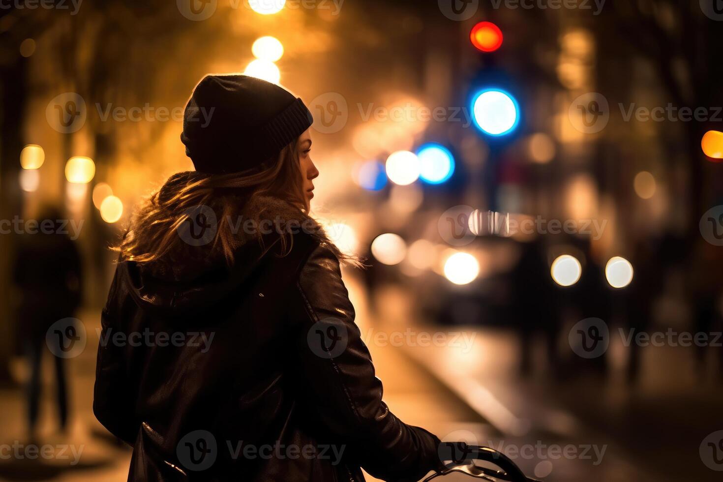 Photo of a person riding a bike in the city crowd under the lights at night in the city, and among the crowds of people. .