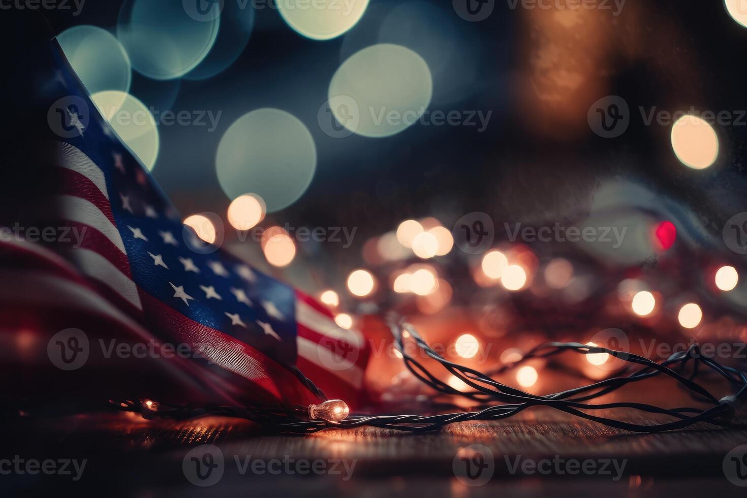 Photo of american flag in front of bokeh effect of cityscape in background.
