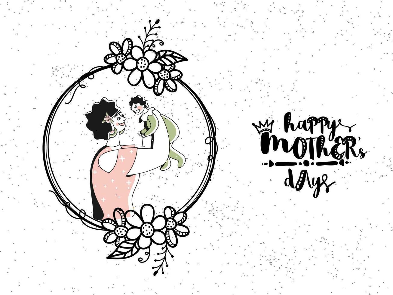 Happy Mother's Day Font With Flat Young Woman Holding Her Son And Floral On White Dotted Background. vector