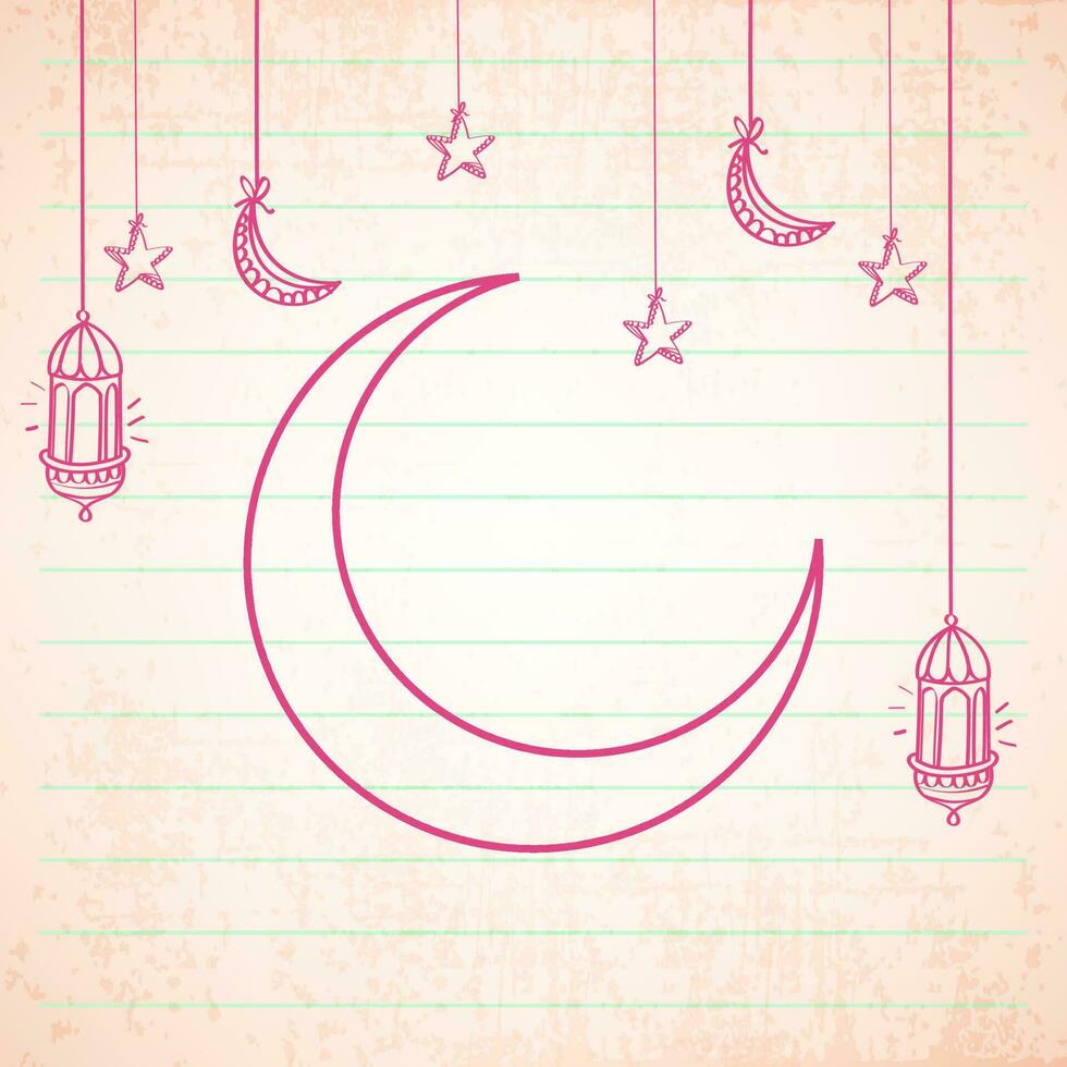 garabatear estilo creciente Luna con colgando Arábica linternas, estrellas decorado en retro cuaderno papel antecedentes y Copiar espacio. vector