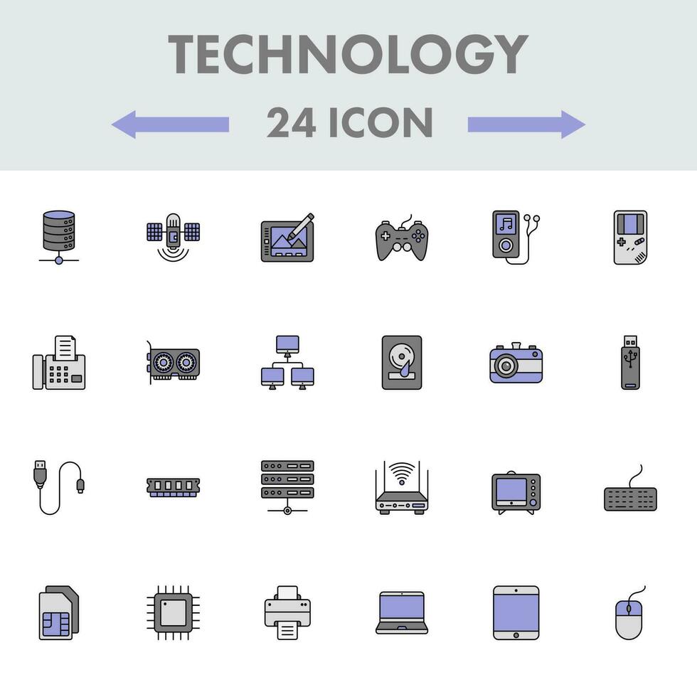 Grey And Purple 24 Technology Devices Flat Icon Set. vector