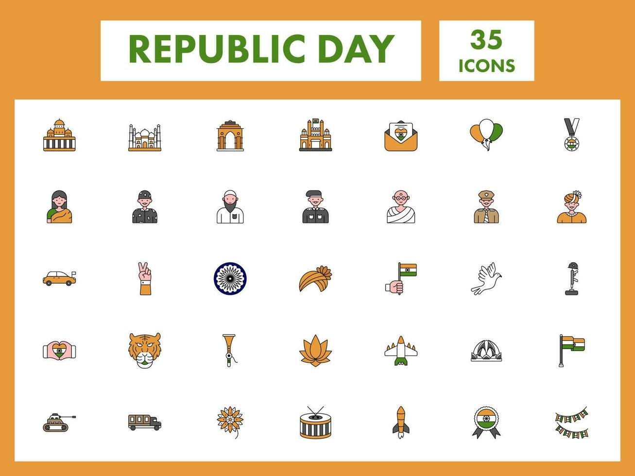 Colorful Set Of Republic Day Festival Flat Icon. vector