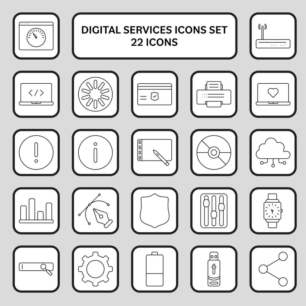 22 Black Line Art Digital Services Square Icon Set. vector