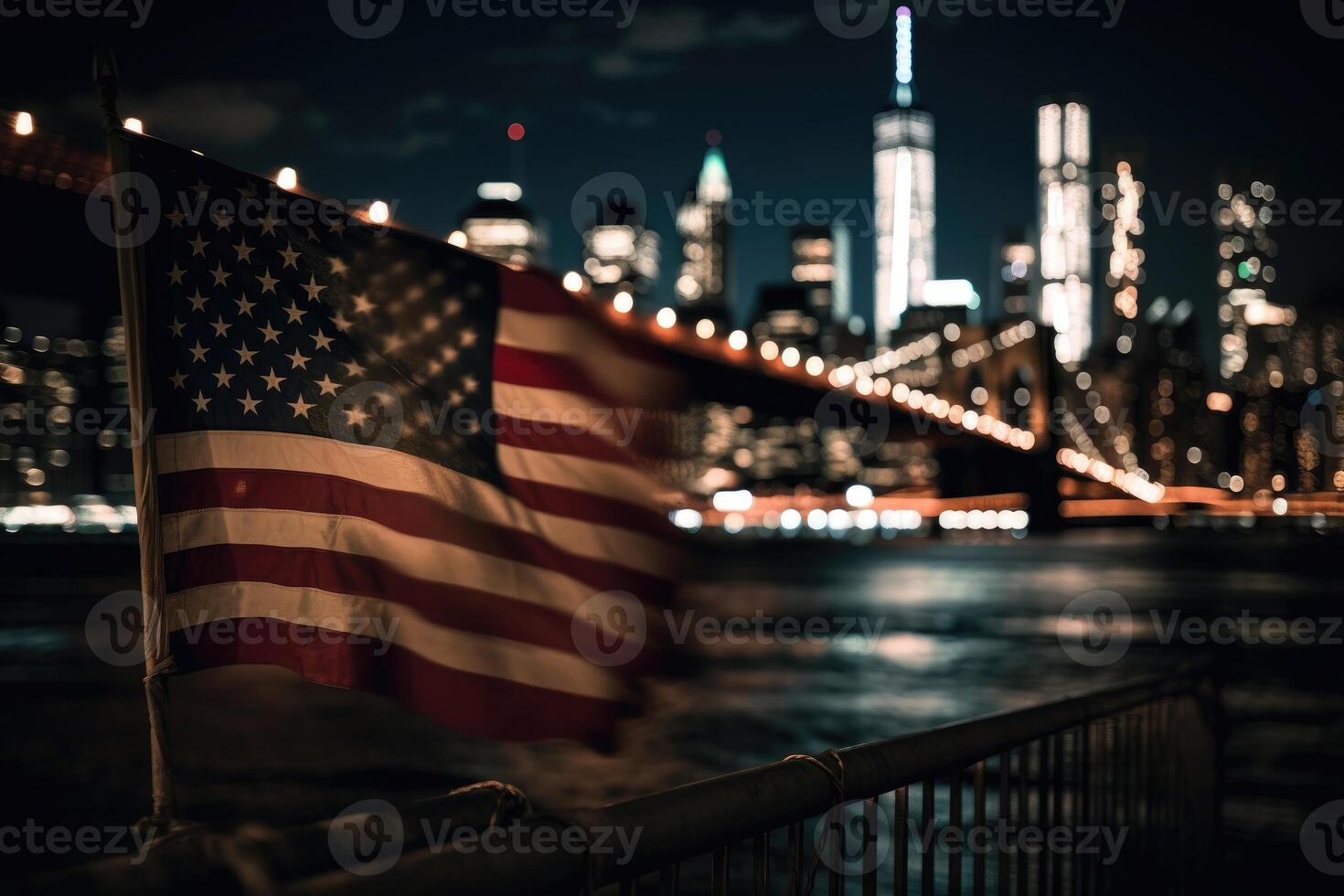 Photo of american flag in front of bokeh effect of cityscape in background.