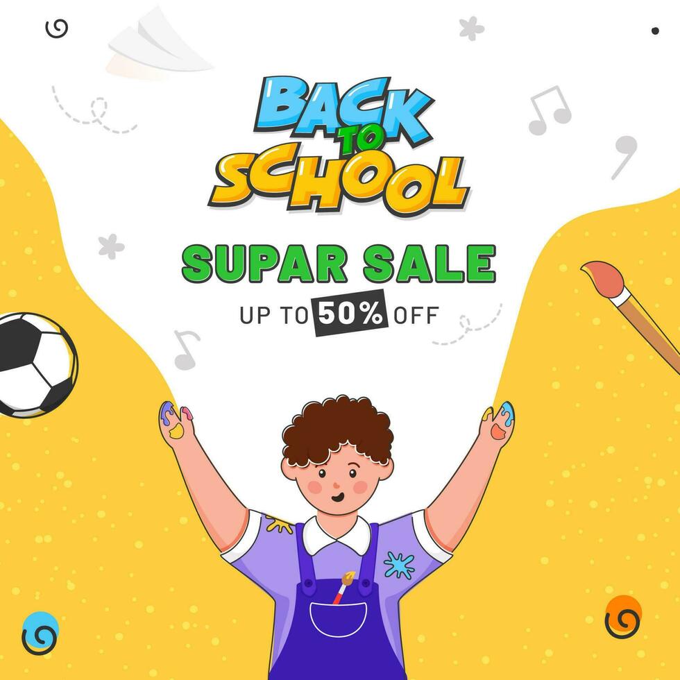 Back to school banner with school boy and educational elements for invitation, poster, banner, promotion, sale etc. School supplies cartoon illustration. vector