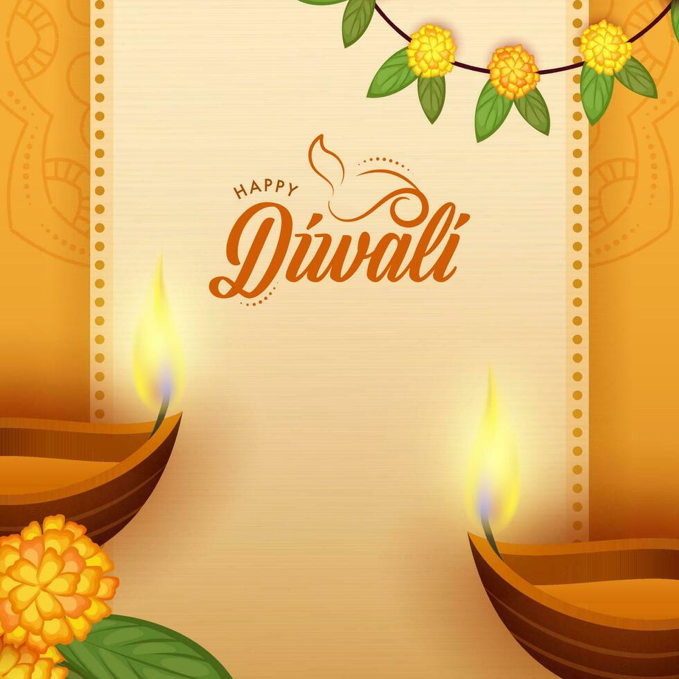 contento diwali letras con iluminado petróleo lámparas, flores, hojas decorado en naranja antecedentes. vector