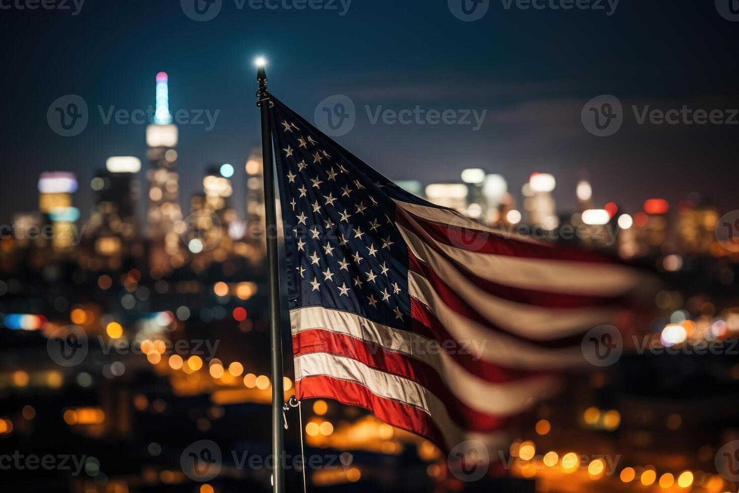 Photo of american flag in front of bokeh effect of cityscape in background.