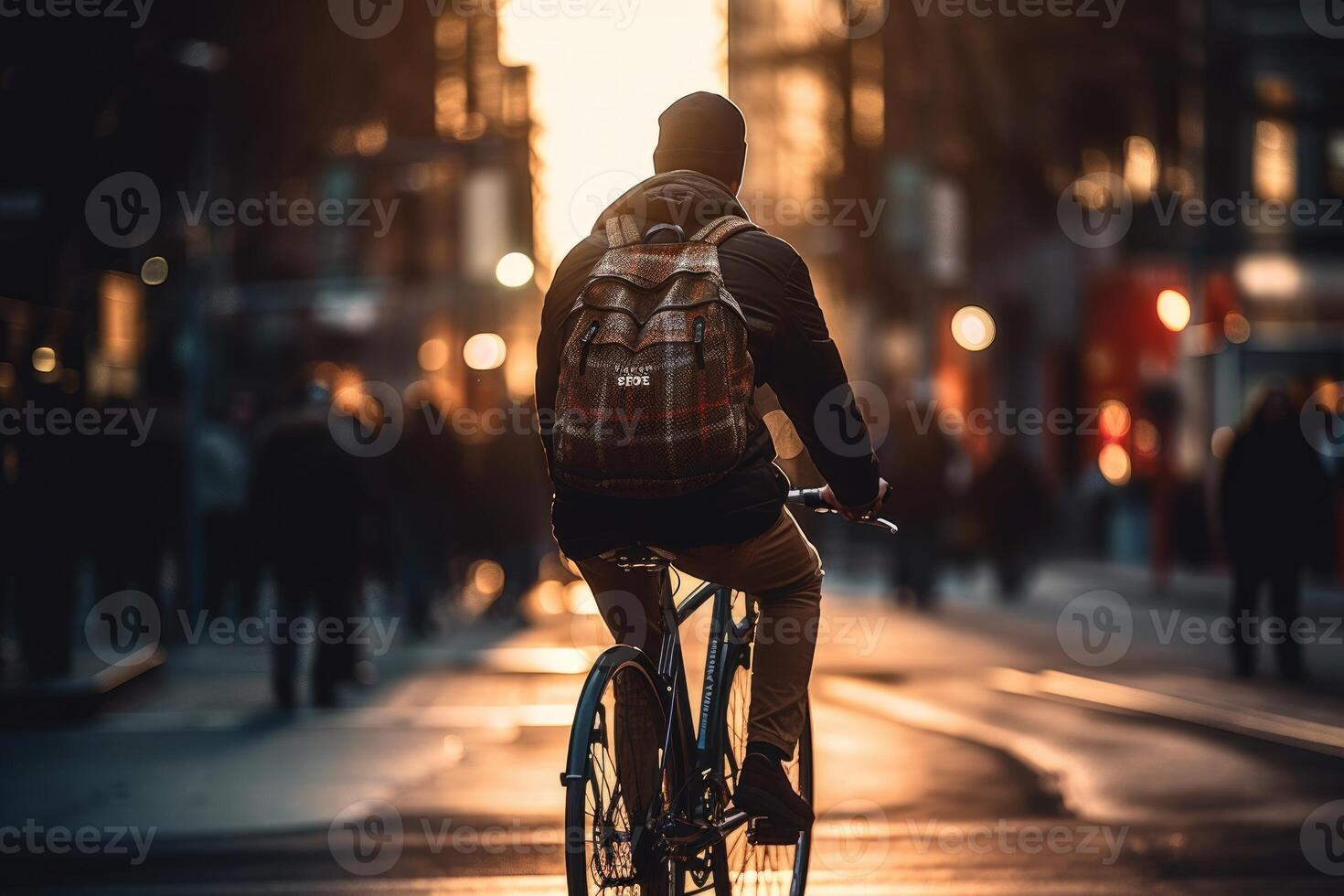 Photo of a person riding a bike in the city crowd under the lights at night in the city, and among the crowds of people. .