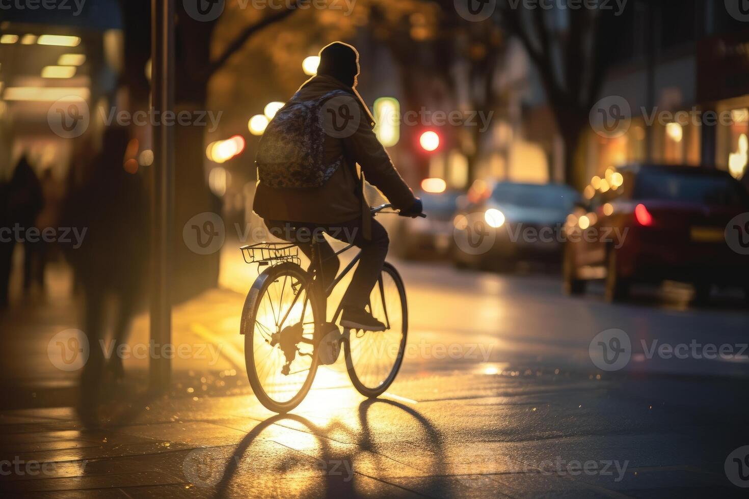 foto de un persona montando un bicicleta en el ciudad multitud debajo el luces a noche en el ciudad, y entre el multitudes de gente. generativo ai.