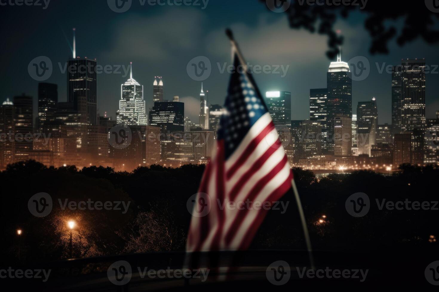 Photo of american flag in front of bokeh effect of cityscape in background.