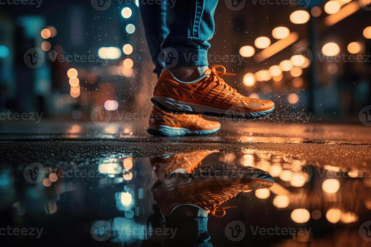 Photo of an athlete jogging in front of bokeh lights at night in the city.