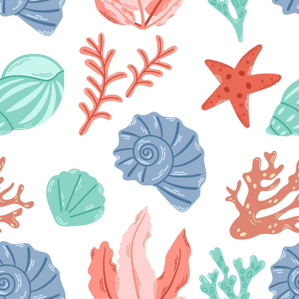 Sea shells, seaweed and starfish seamless pattern. Cute ocean background for ocean themes, beach fabrics, summer textiles. Flat vector illustration